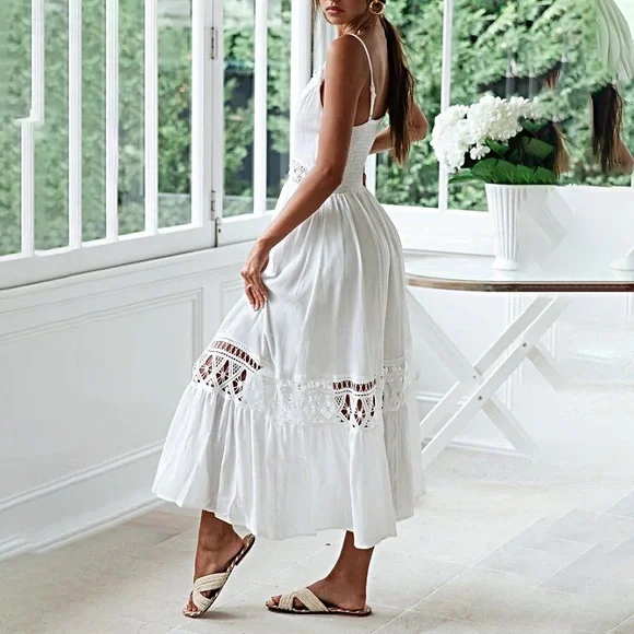 Elegant White Maxi Dress with Lace Details boho - Picture 6 of 10